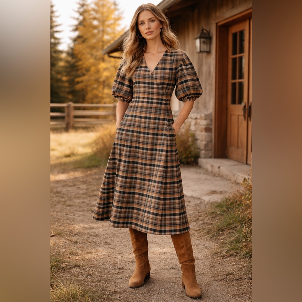 Wray Midi Puff Sleeve PlaidWrap Dress Brown and Black Medium